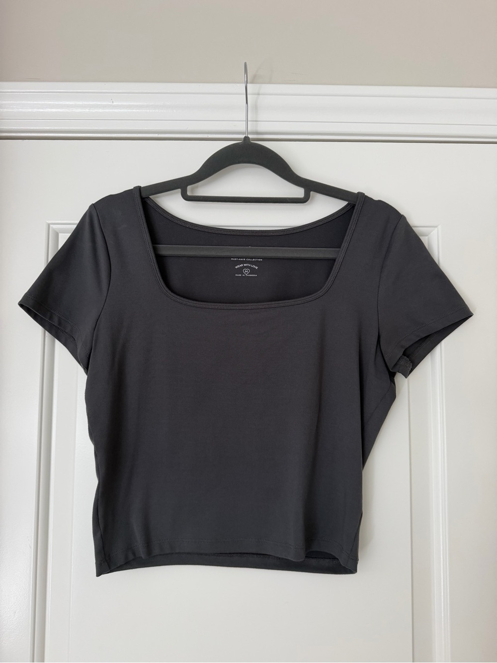 Square Neck Short Sleeve Cropped Top - Grey